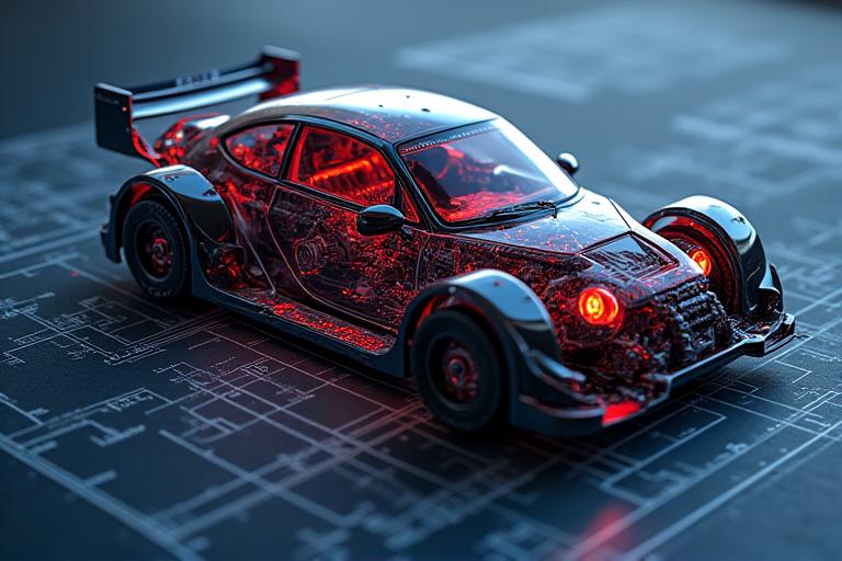 Rally car blueprint overlayed with intricate engine parts, symbolizing Aurora Rally's precision engineering.